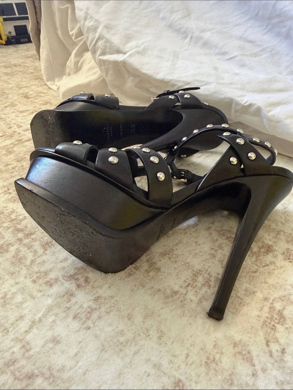 Saint Laurent Black Leather Studded Wrap High Heels - Picture 3 of 3